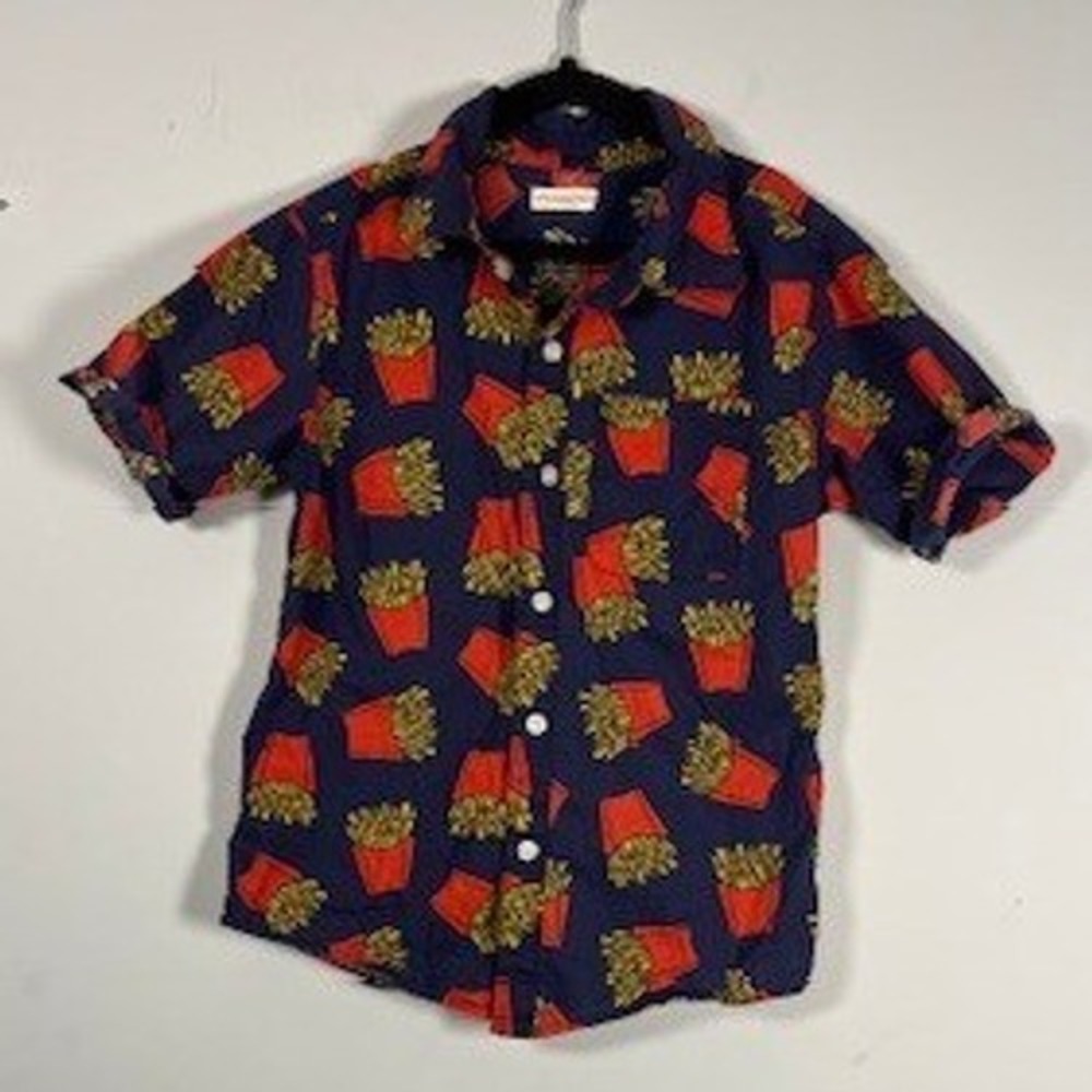 Appaman Kids Blue Button Up Short Sleeve Shirt with Red Fries Graphic Boys Small